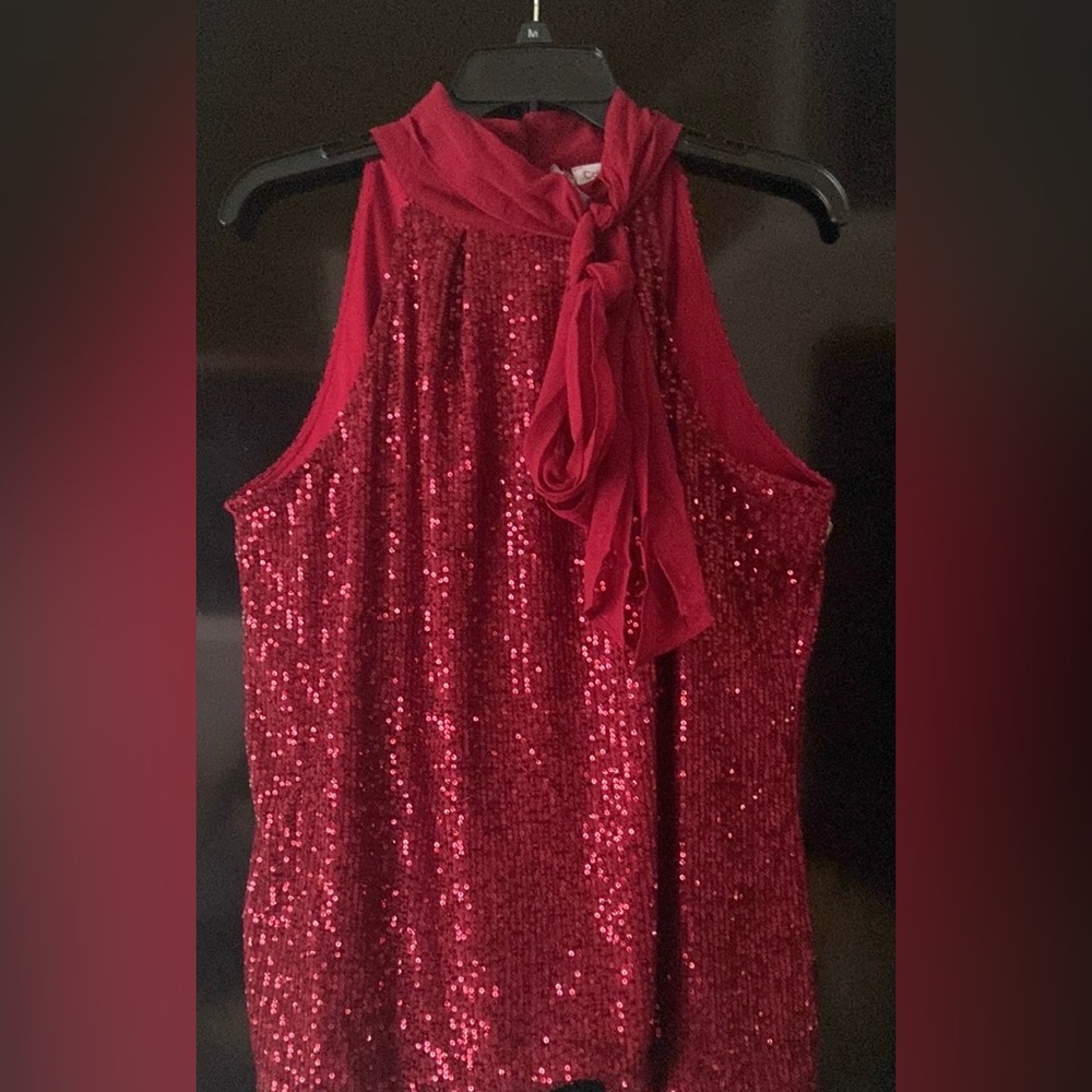 CALVIN KLEIN RED SEQUINS SPARKLE DRESSY HALTER TOP SLEEVELESS